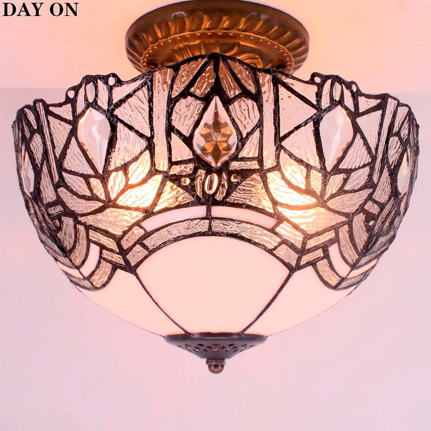 WERFACTORY Tiffany Ceiling Light Fixture Crystal Bead White Stained Glass Semi Flush Mount Lamp Wide 12 Inch, Height 11 Inch S508W Series