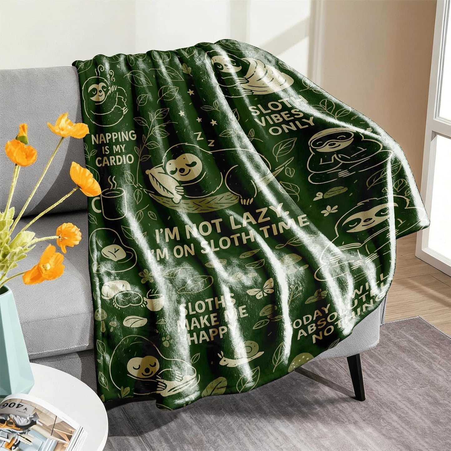 Sloth Throw Blanket 60x50 - Cozy Polyester Flannel Fleece, Forest Green Cartoon Design, Soft Lightweight Couch/Bed/Dorm Throw, Cute Animal Gift for Sloth Lovers, Kids Teens Adults