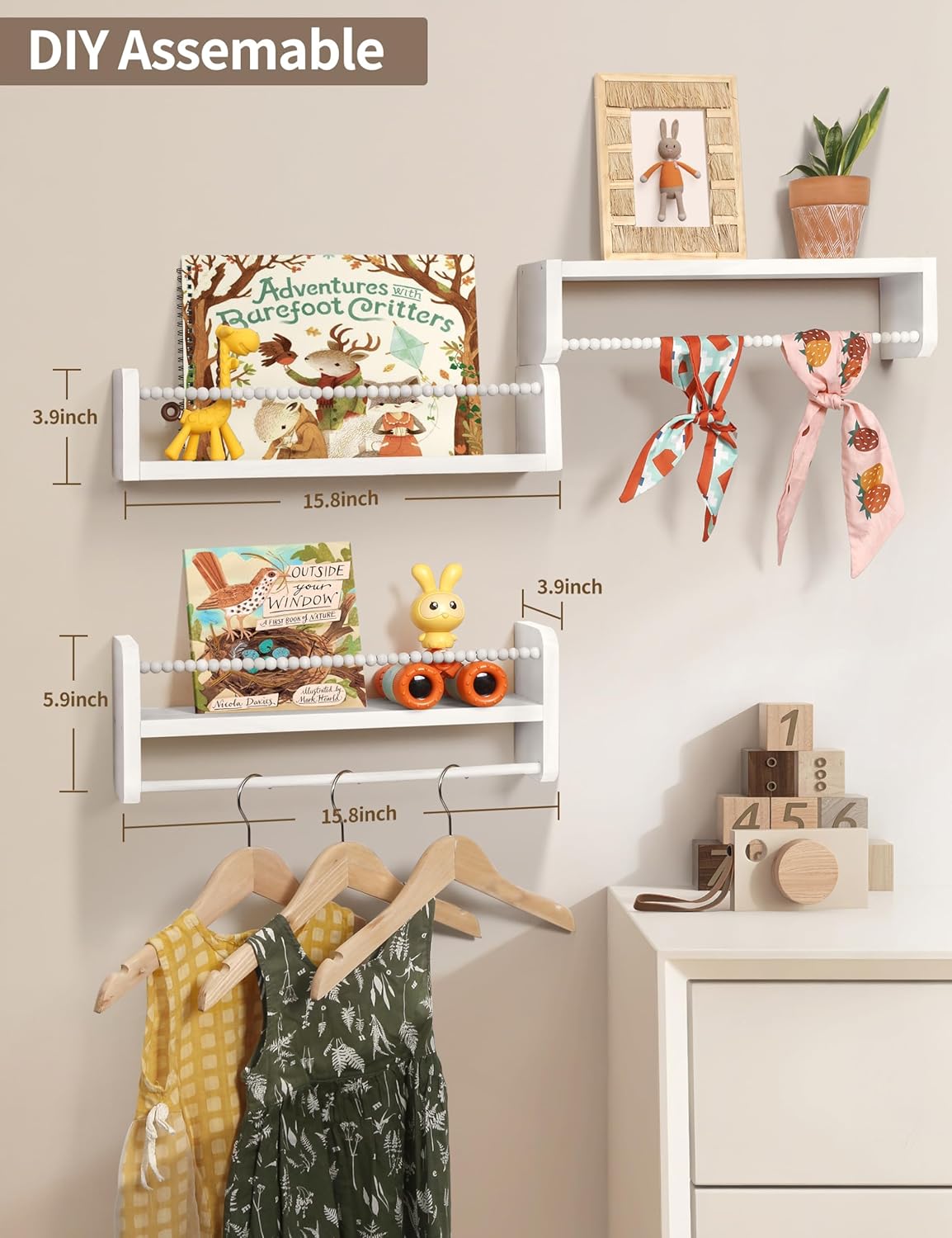 Nursery Bookshelves Set of 3, Natural Wood Nursery Floating Shelves Wall Mount Storage Shelf with Towel Bar Hainging Bookshelf for Kids Room Bedroom Living Room Decor, White