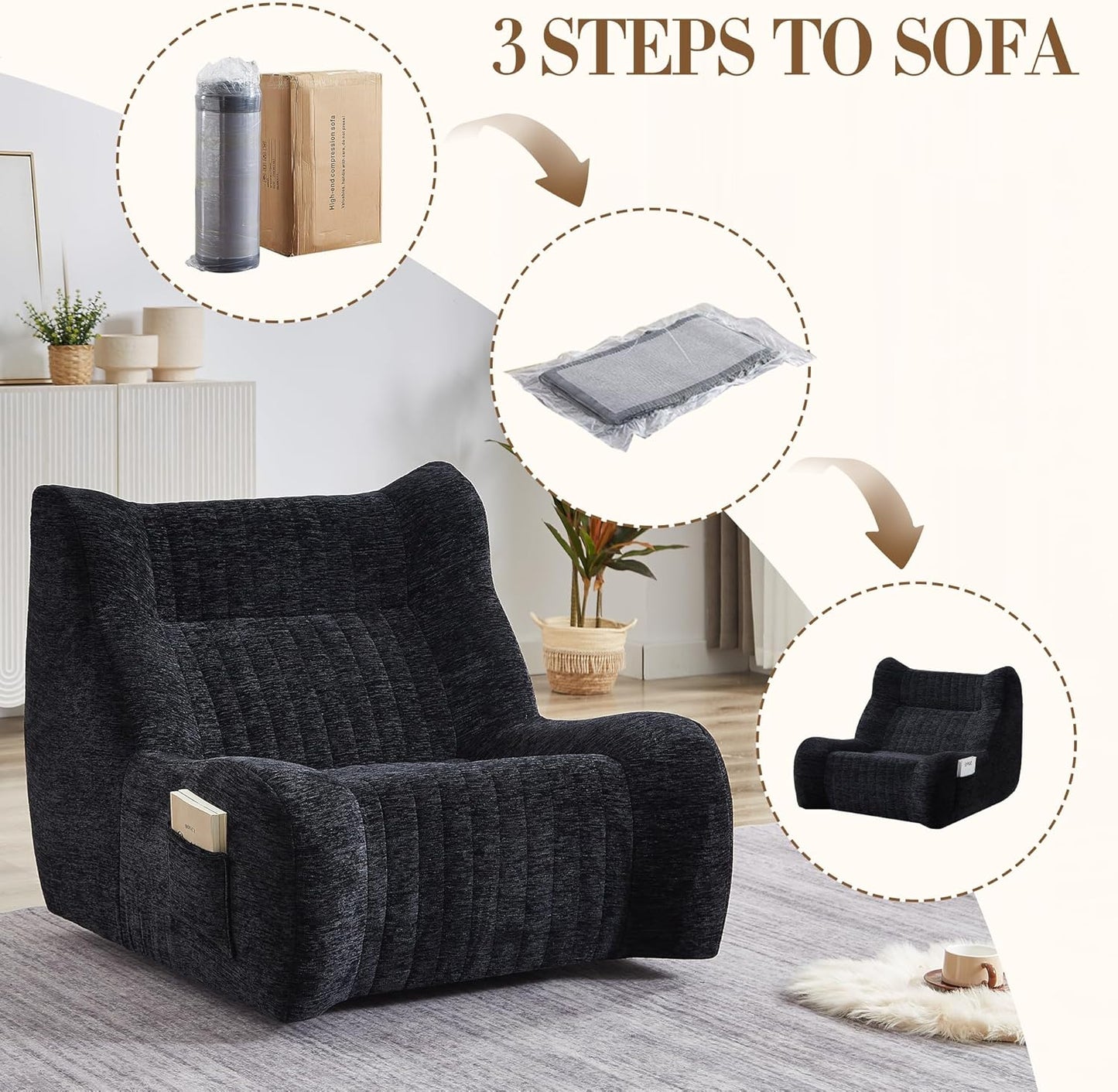 Bean Bag Chairs for Adults and Kids, Oversized Comfy Lazy Floor Sofa, Chenille Upholstered Boneless Couch Chair with Side Pockets, Memory Lounge Reading Chair for Living Room Bedroom Office (Black)