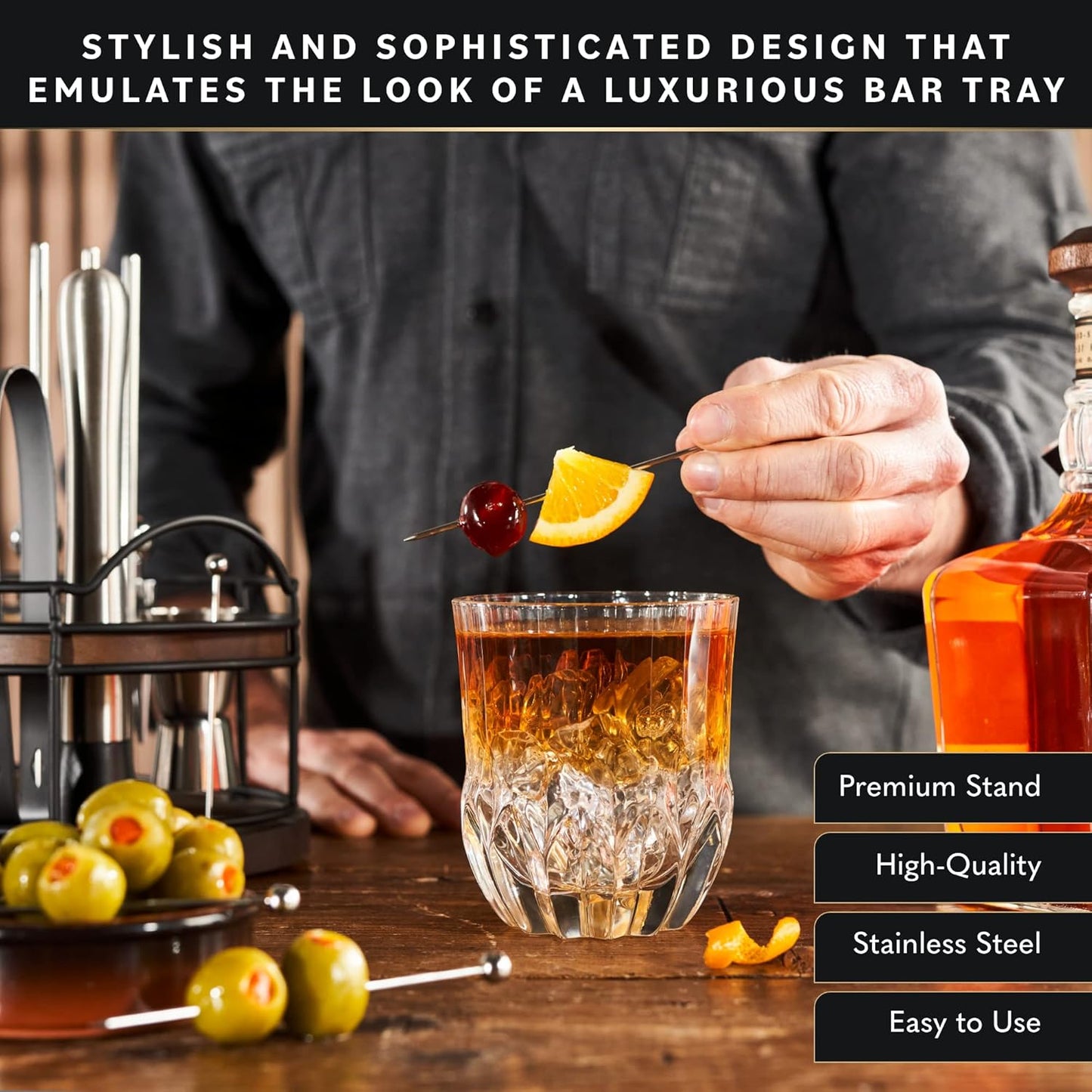 Home Hero Bartender Kit - 22-Piece Cocktail Shaker & Bar Tool Set - Wooden Stand Display & Bar Cart Accessories - Recipe Book & Housewarming Gifts - 22-Pc, Silver