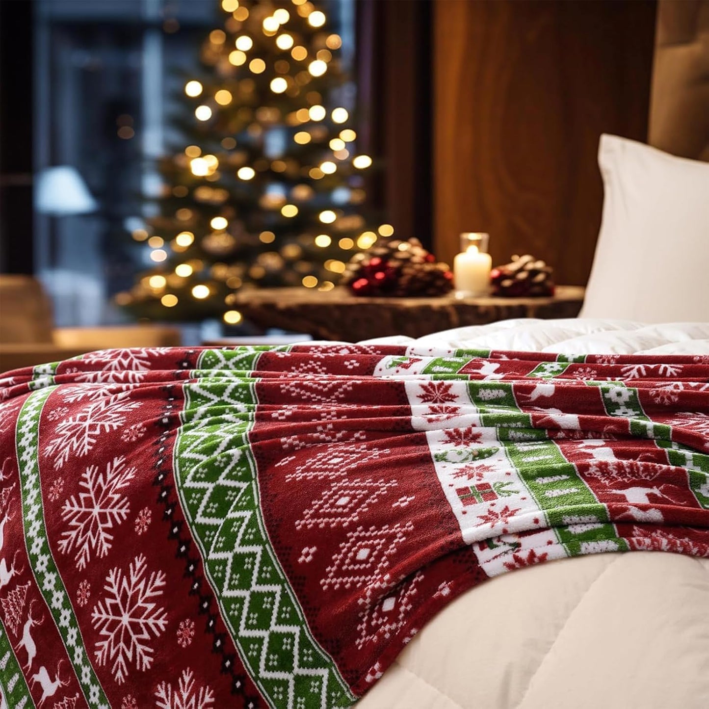 DIYKST Christmas Throw Blanket with Snowflake and Reindeer Pattern, Red Green White Holiday Design