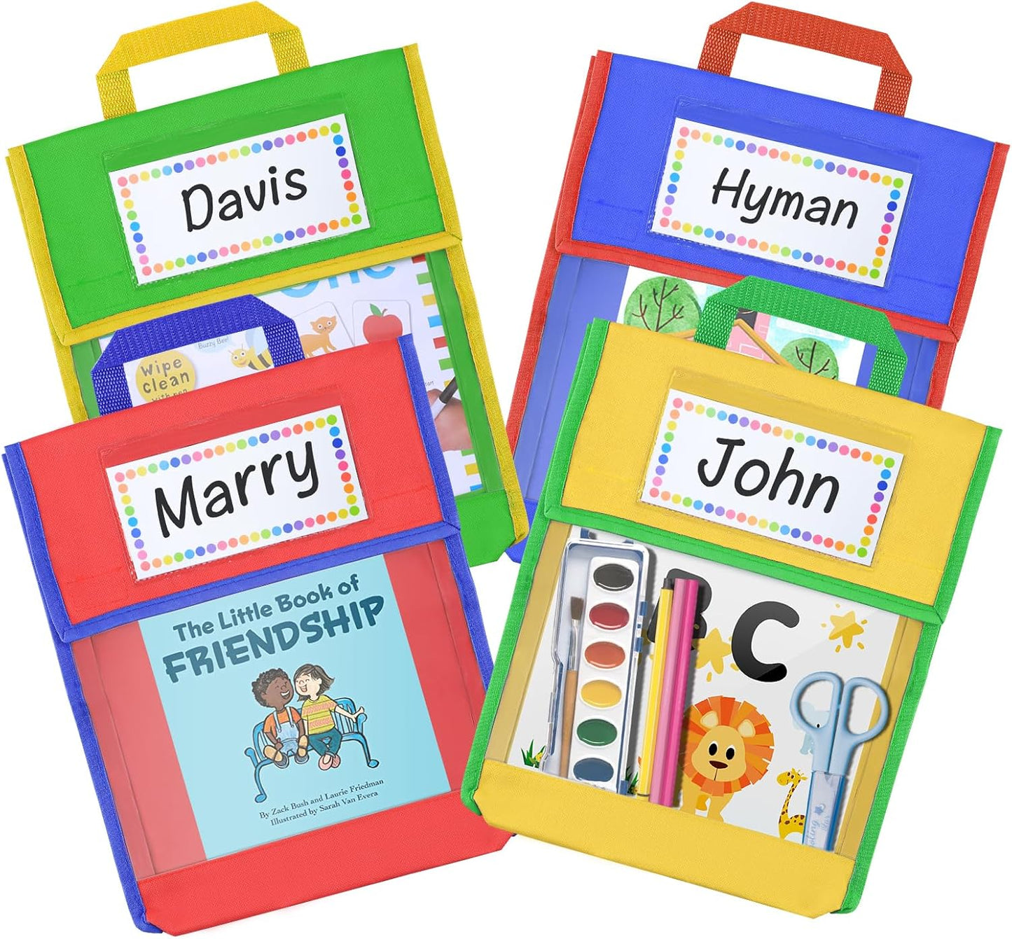 EAMAY Book Pouches for Kids, Clear Pocket Reading Bags for Classroom,– Send Home Books and Homework in Book Buddies Bags – Stitched-On Handle, Colorful(10" x 12")-Set of 4