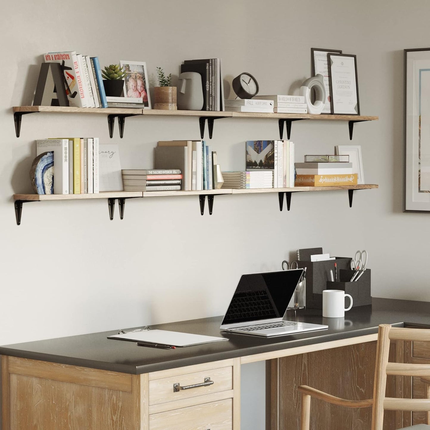 Wallniture Arras Floating Shelves for Wall, 17"x 4.5" Rustic Bookshelf for Living Room Decor, Home Office Bookshelves, Burned Finish Storage Shelf Set of 8