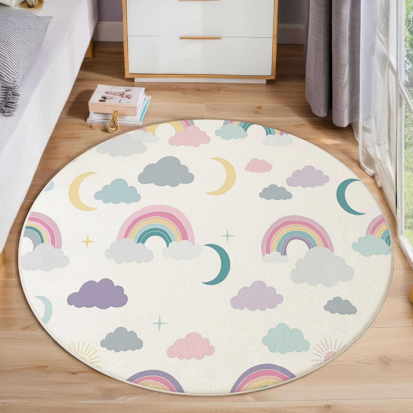 3Ft Round Washable Rug - Large Area Rug for Living Room Dining Room, Creamy Color Soft Bedroom Carpet with Cute Rainbow Clouds Pattern, Cartoon Starry Sky Décor, Low Pile Stain Resistant