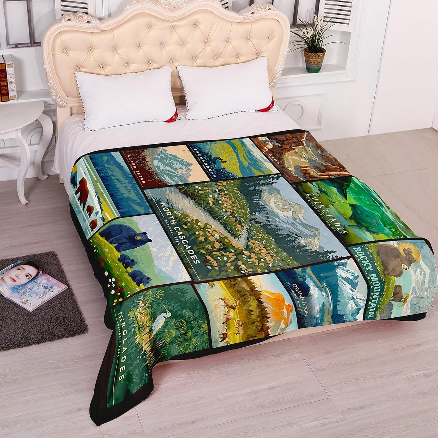 National Park Blanket, Natural Scenery Flowers Forest Bear Animal Combination Bedroom Travel Living Room Sofa Cover Blanket for Kids Boys Girls Teens Adults 50 x 40 Inch