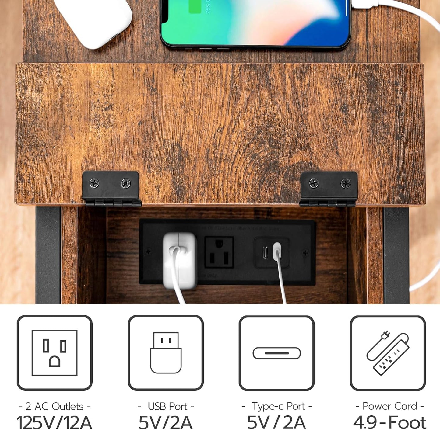 HOOBRO End Table with Charging Station, Narrow Side Table, Small Nightstand, Bedside Tables with Drawer and Storage Shelves, for Small Spaces, Living Room, Bedroom, Rustic Brown and Black BF041BZ01G1