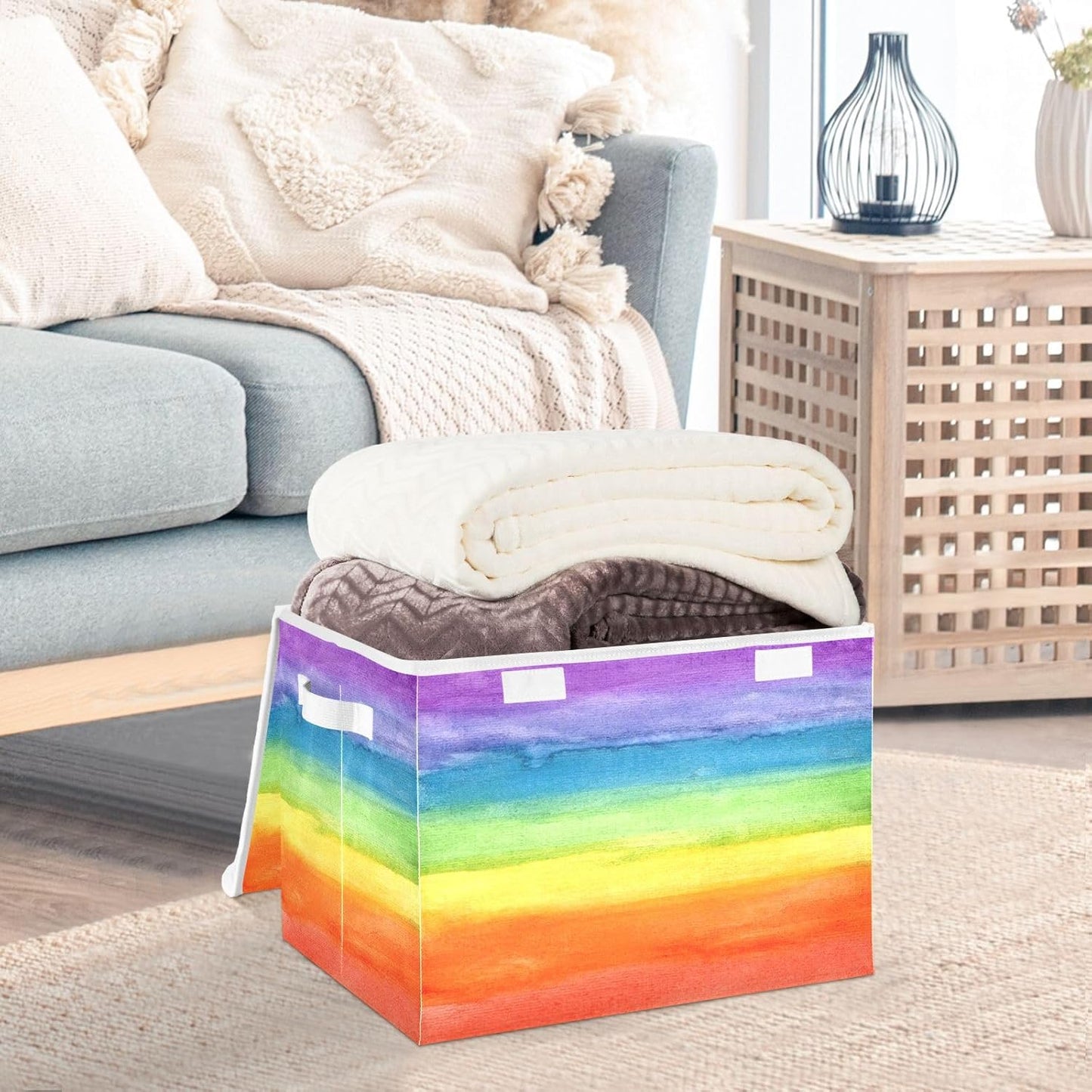 Large Collapsible Storage Bins with Lids, Colorful Stripe Rainbow Storage Baskets Organizer Containers with Handles for Clothes