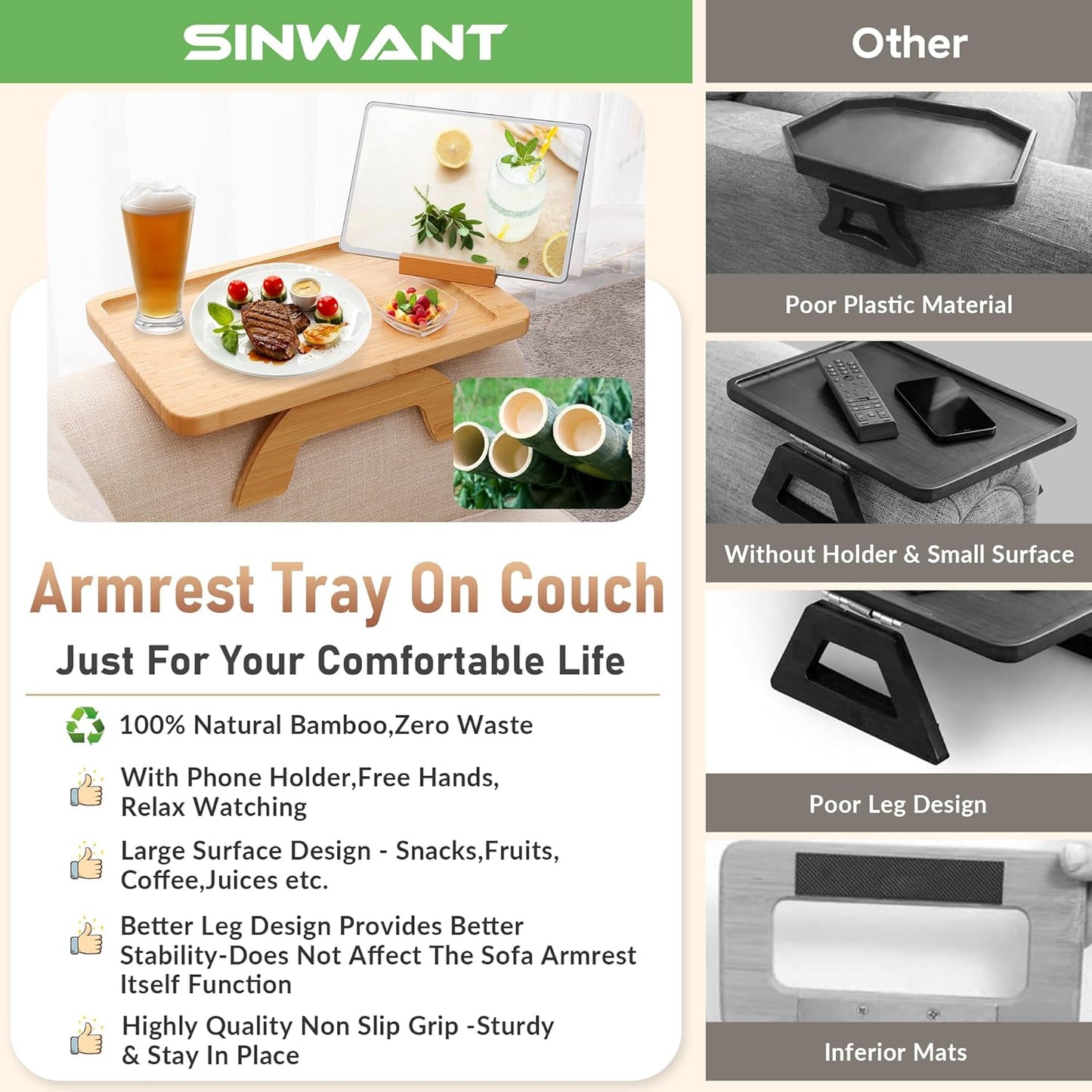SINWANT Couch Arm Tray,Bamboo Sofa Clip on Side Table,Foldable Couch Armrest Table with 360° Phone Holder,Food Trays for Eating/Drinks/Snacks/Remote 15.35" x 9.8"
