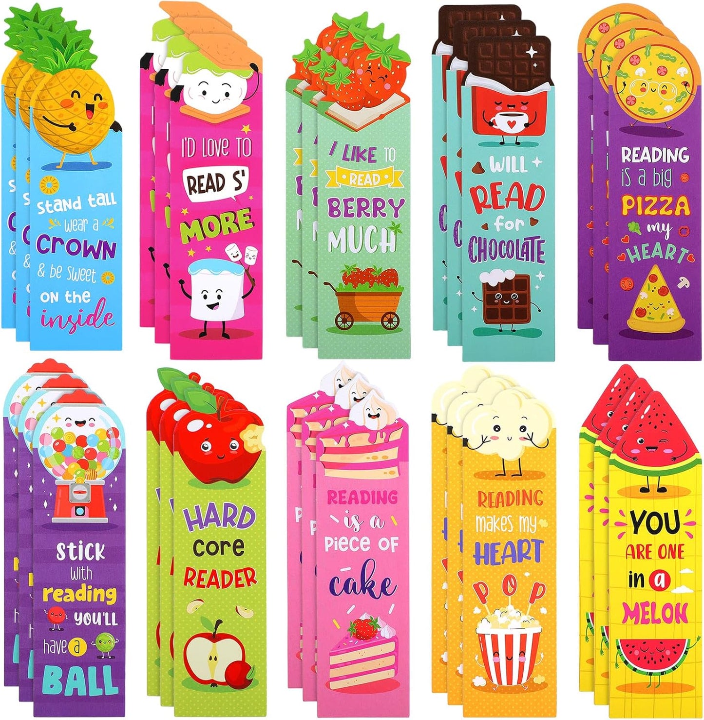 Eersida 30 Pieces Scratch and Sniff Scented Bookmarks Kids Fruit Food Theme Sayings Bookmarks Sayings Assorted Cute Scented Gifts for Students Teens Food Lovers, 10 Styles