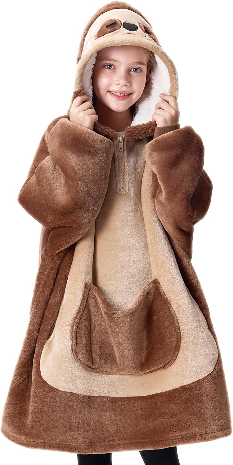 Giggling Getup Wearable Blanket Hoodie for Girls and Boys Sherpa Fleece Hooded Blanket Sweatshirt Warm Cozy Sherpa Wearable Throw Oversized Hoodie with Giant Pocket & Sleeves for Kids Brown Sloth