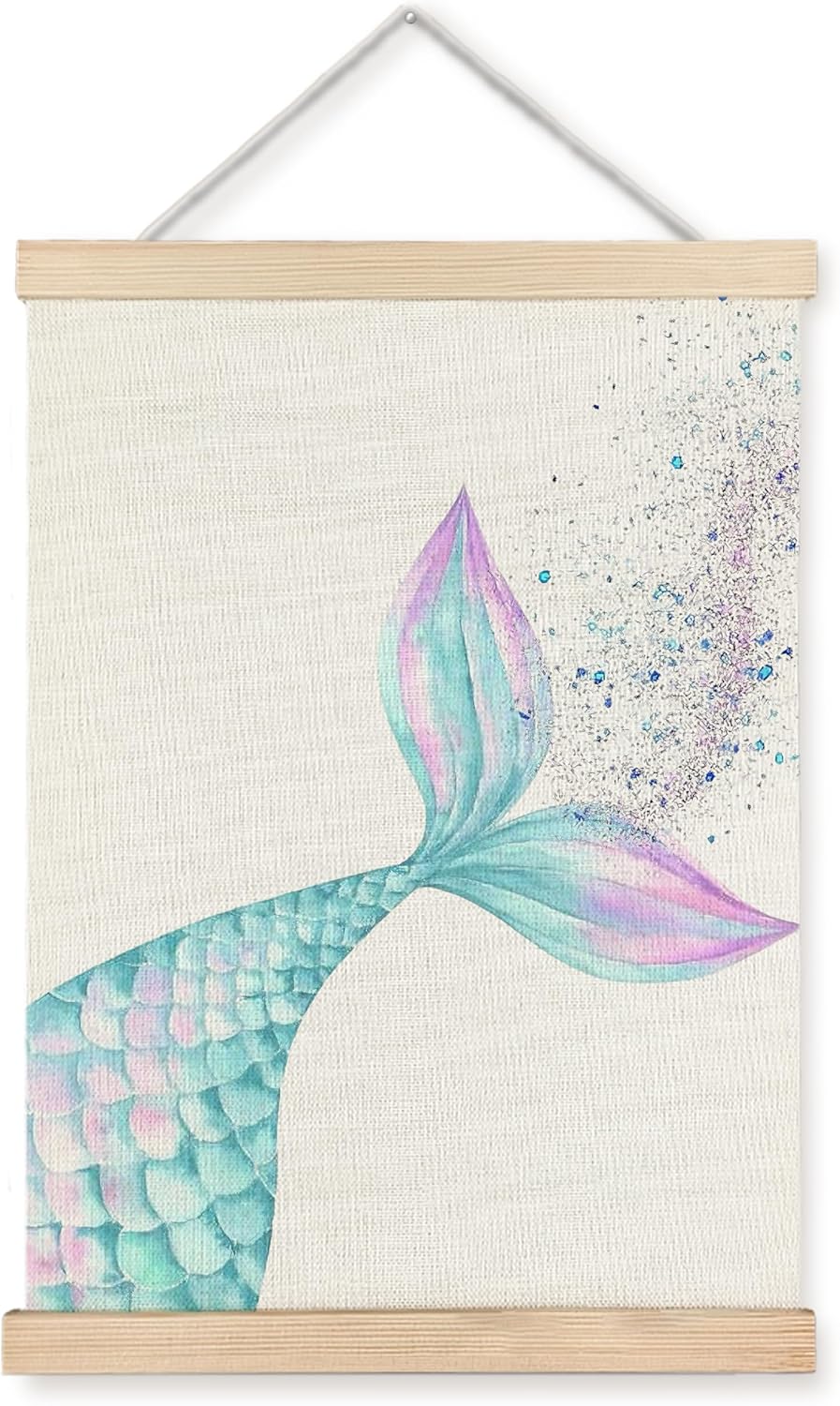 WUCHJ Blue Beach Mermaid Wall Art Poster 12x16 Inch, Beachy Room Decor Aesthetic, Coastal Glitter Blue Mermaid Tail Hanging Wall Decor Canvas Prints for Girls Dorm Bathroom Nursery Bedroom Apartment