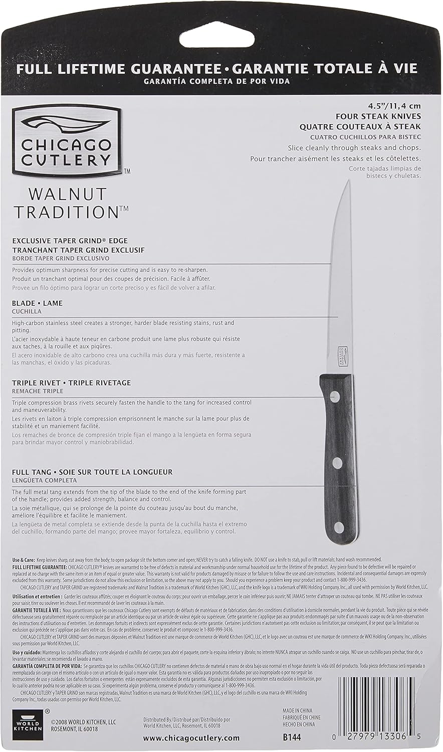 Chicago Cutlery B144 4pc Walnut Tradition Steak Knife Set