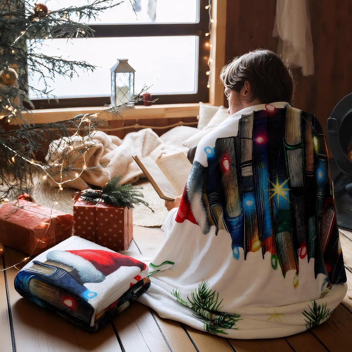 Lounsweer 2 Pcs Christmas Book Lovers Gifts 60" x 50" Reading Throw Blanket for Women Book Tree Flannel Blanket Xmas Winter Party Presents for Men Readers Bookworm Librarian Birthday Graduation