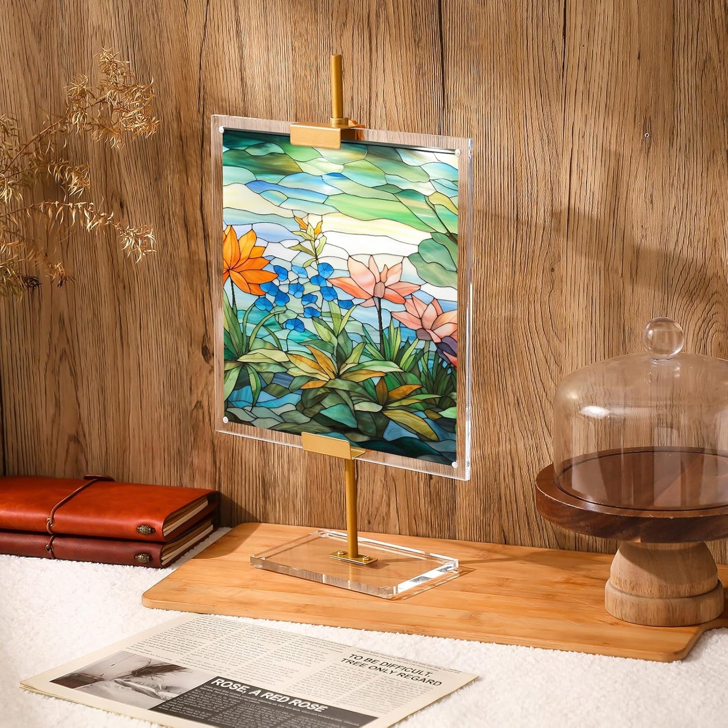RattanView Gold Adjustable Metal Easel Stand with Acrylic Floating Photo Frame 16.5" Tabletop Metal Standing Easel Display Stand for Display Picture, Frame, Photos, Art, Poster, Signs