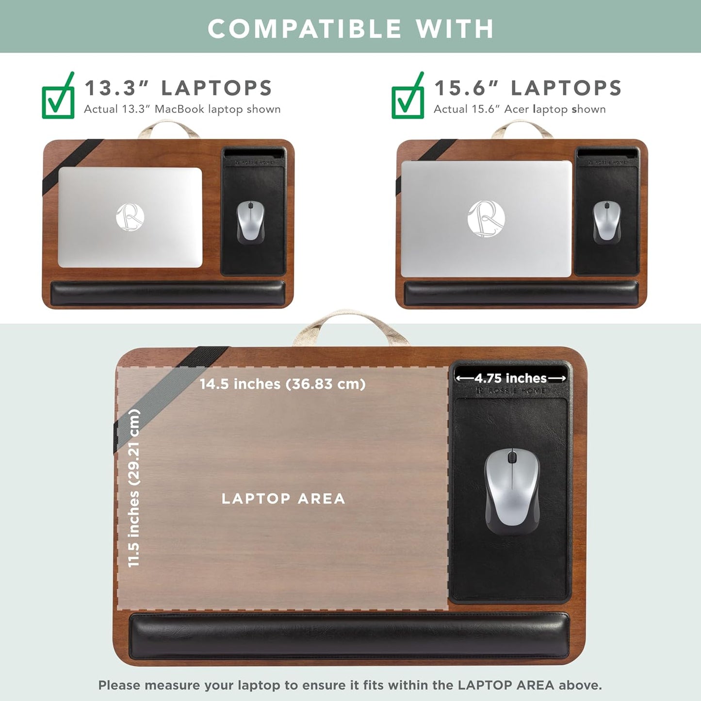 ROSSIE HOME Premium Acacia Wood Lap Desk with Wrist Rest, Mouse Pad, and Phone Holder - Fits up to 15.6 Inch Laptops - Java - Style No. 91712