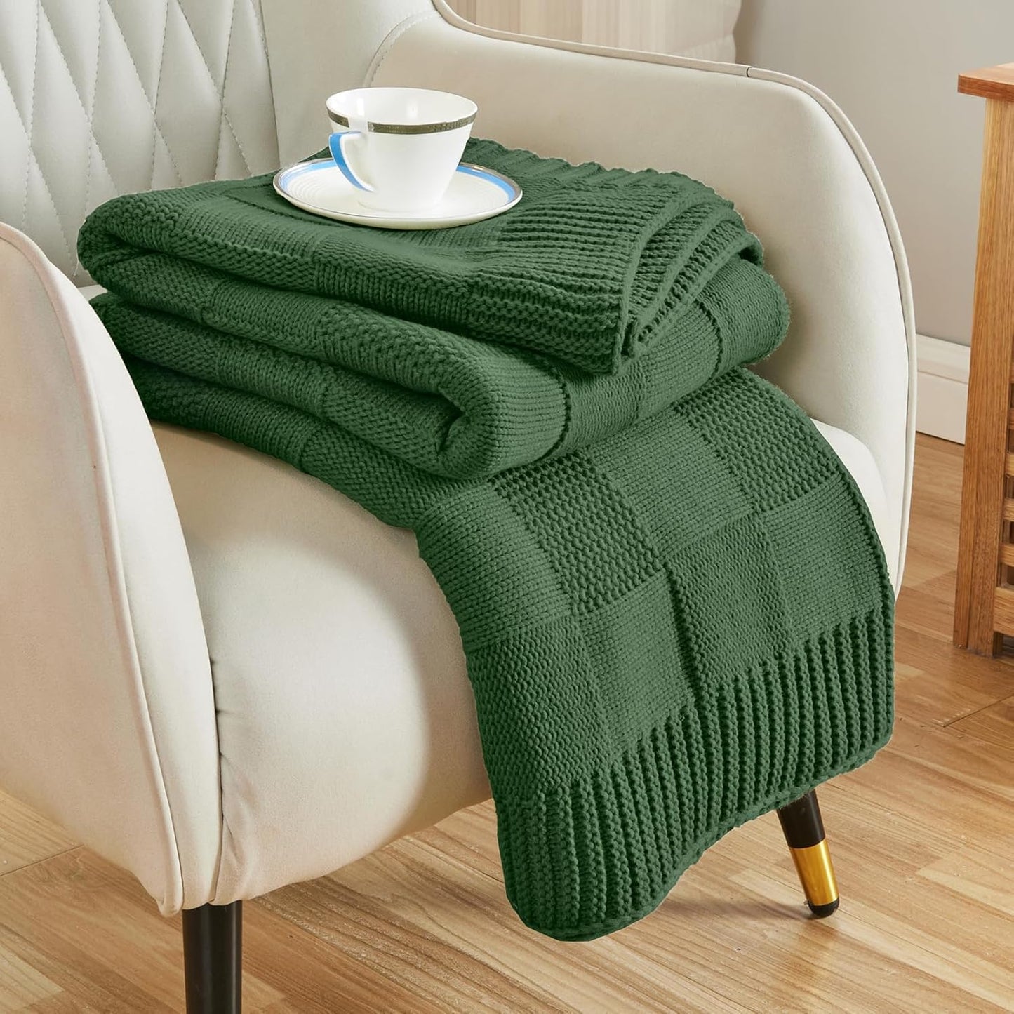 CozeCube Check Knit Throw Blanket, Christmas Green Checkered Bedroom Blanket for Couch, Soft Cozy Warm Knitted Blanket for Bed Sofa Living Room, Decorative Spring Fall Throw Blanket, 50"X60"