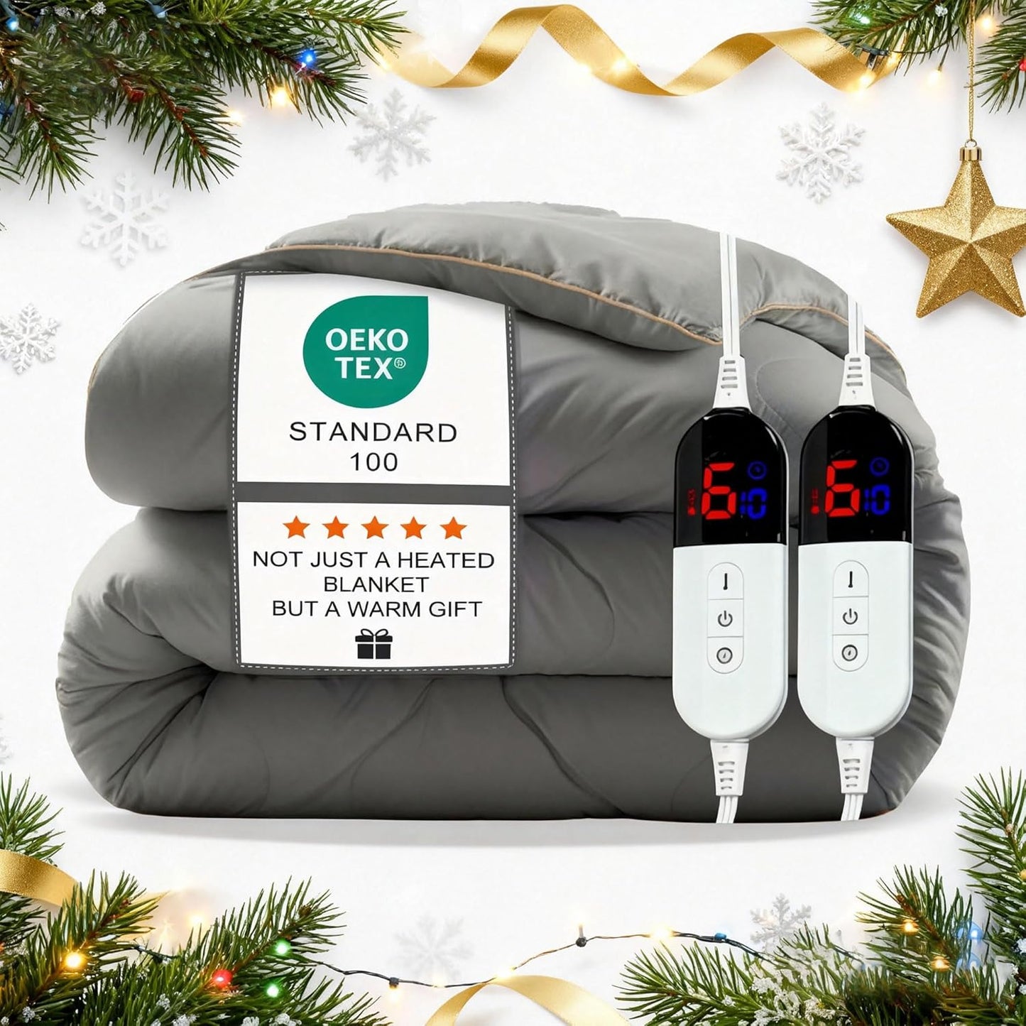 Electric Blanket Queen Size - Dual Control Heated Blanket Queen Size, Fast Heating with 10 Time Settings & 6 Heat Settings, Warm Gift (Gray, Queen/Full 90" x 90")