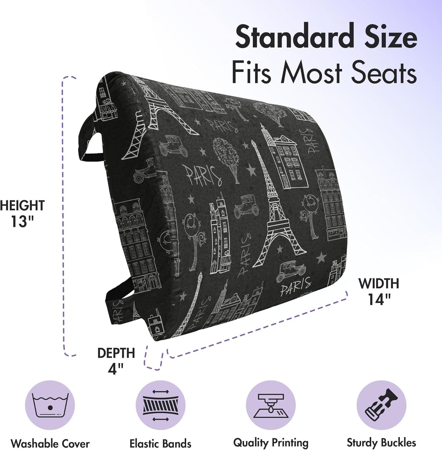 Lunarable Paris Lumbar Back Support Pillow, Capital of European Fashion Flower Bouquet Hallmarks Tower in France Print, High Density Foam for Office Chairs Car Seats, 14" x 13", Charcoal Grey White