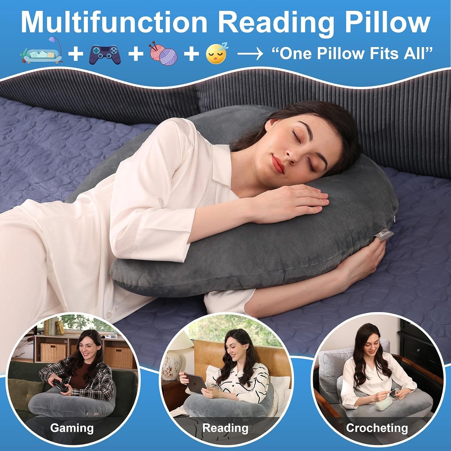 Ergonomic U-Shape Gaming & Lap Pillow - Crochet Pillow & Reading Support Pillow with Arm Relief, Comfort for Gamers, Crafters & Book Lovers (Dark Gray)