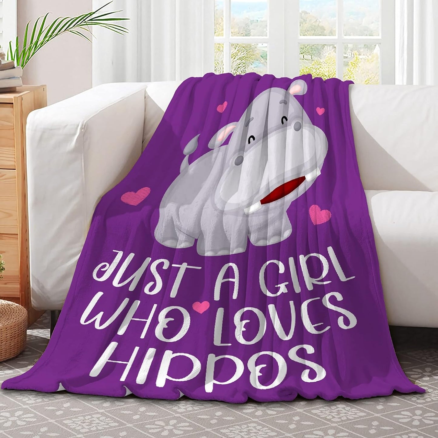 Hippo Blanket Hippo Gifts for Women Girls Just A Girl Who Loves Hippos Soft Cozy Lightweight Flannel Purple Throw Blankets Hippo Decor Indoor Outdoor Small (50 in x 40 in)