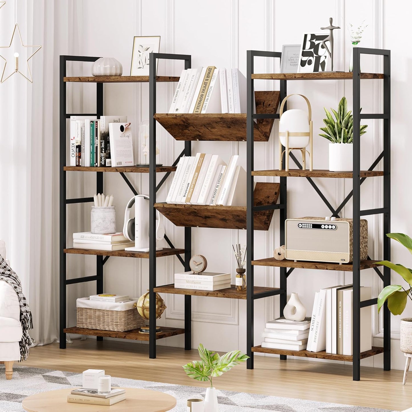GAOMON Triple Wide 4 Tier Book Shelf, Tall Bookshelf with Open Display Shelves, Industrial Large Bookshelves and Bookcases with Metal Frame for Living Room, Bedroom, Home Office-Rustic Brown