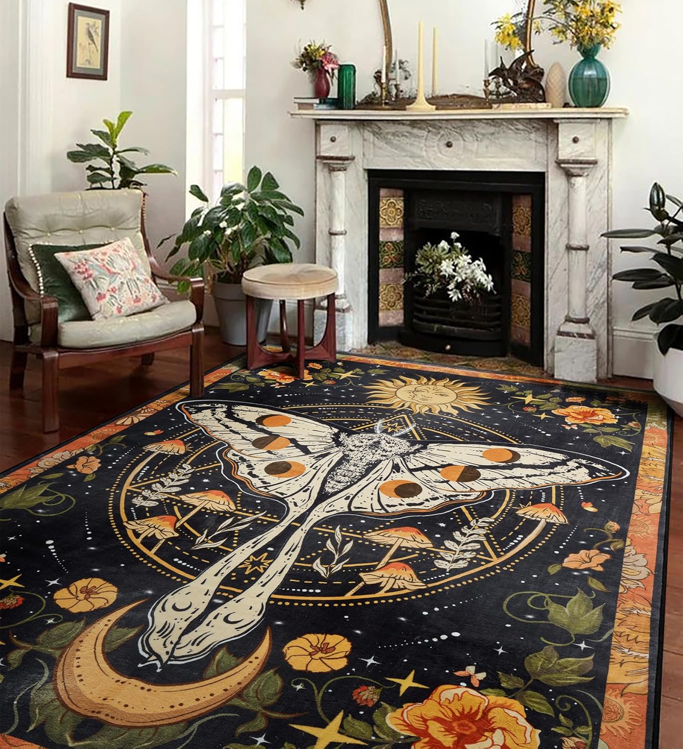 Washable Mystical Luna Moth Rugs Ultra Thin, Boho Moody Black Floral Aesthetic Bedroom Rugs Vintage Hippie Celestial Trendy Indie Dorm Rug, Retro Cute 4x6 Area Rug for Dining Living Room Entryway