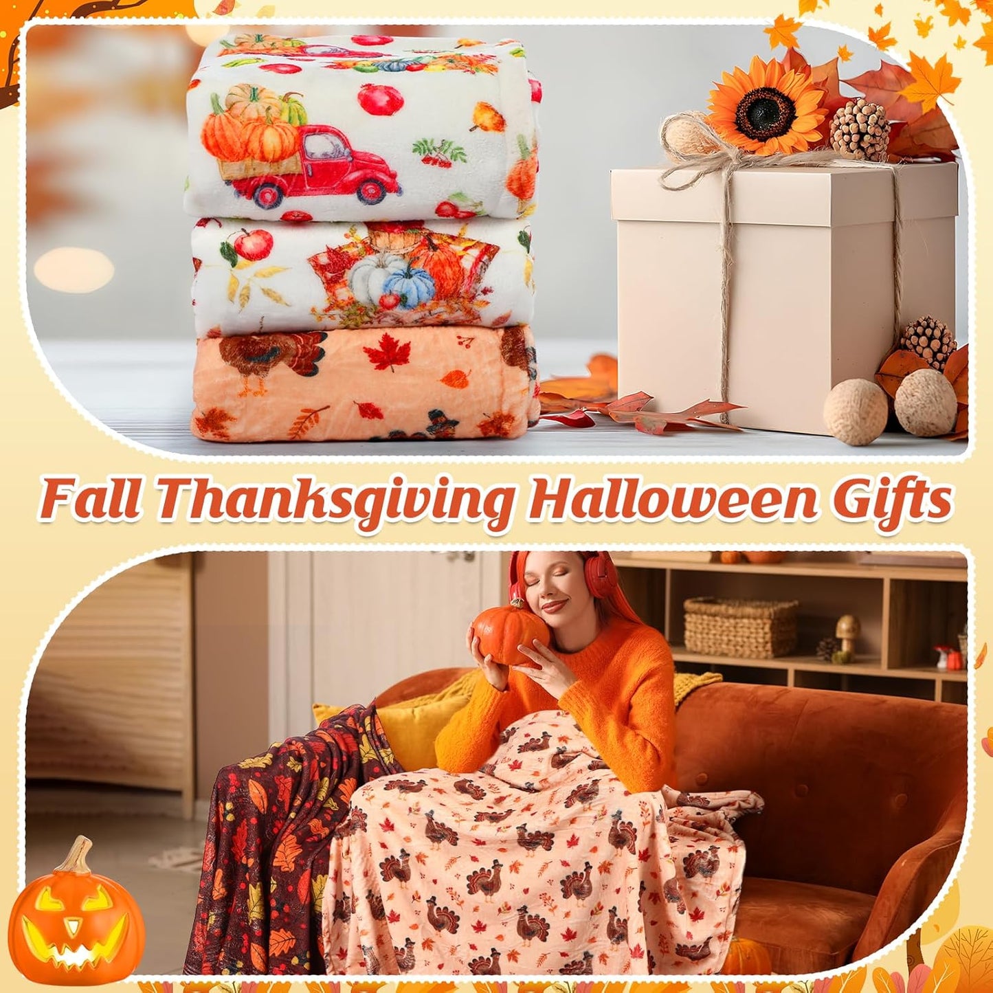 6 Pack Thanksgiving Day Throws Blanket Bulk in Bulk Autumn Thanksgiving Flannel Blanket Fall Pumpkin Turkey Lightweight Throw Soft Warm Fluffy Plush Quilt for Living Couch Dorm, 50 x 60 Inch