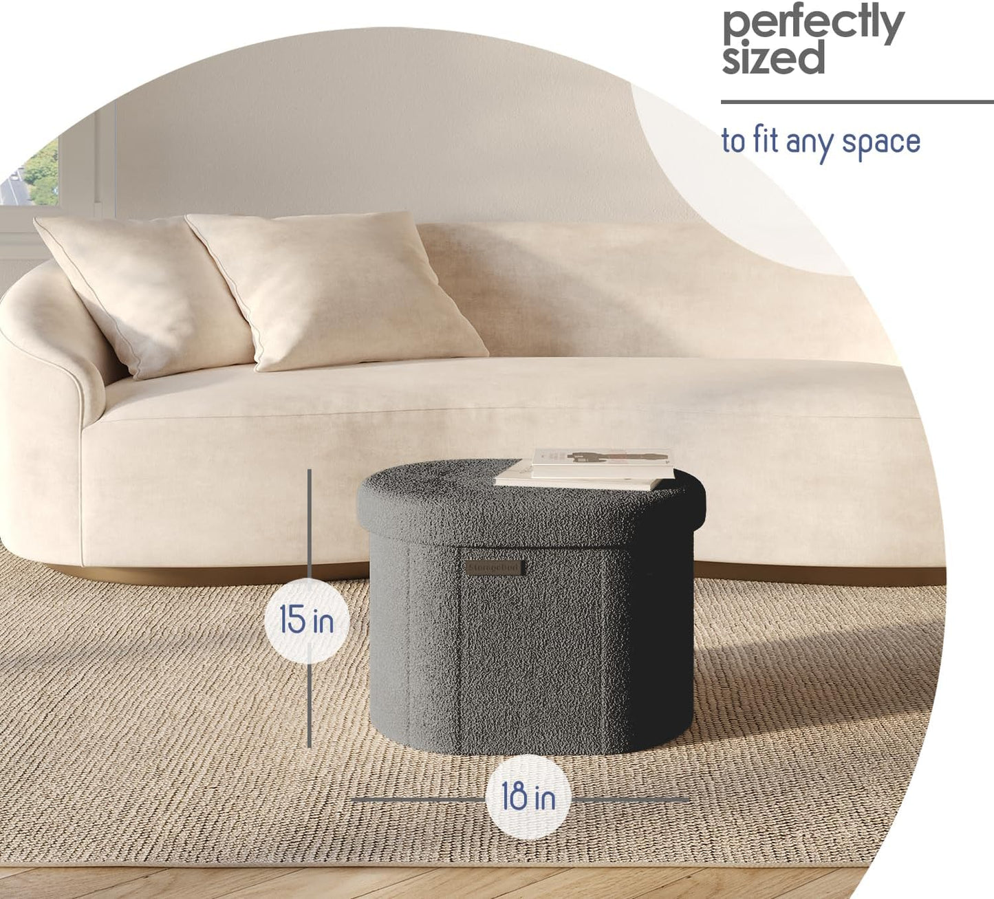 STORAGEBUD Round Ottoman with Storage for Living Room, 18 Inch Storage Ottoman, Small Ottomans Foot Rest, Boucle Foot Stool Ottomans Max 330lbs, Grey