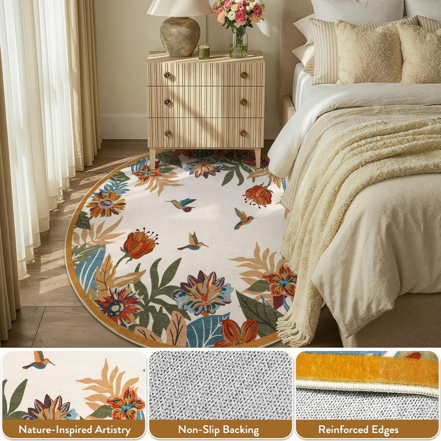 Beeiva Floral Round Area Rug 4ft for Bedroom - Yellow Washable Circle Dining Room Rugs for Under Table, Circular Flower Print Fall Rug Small Carpet for Reading Corner Decor(Yellow,Round 4')