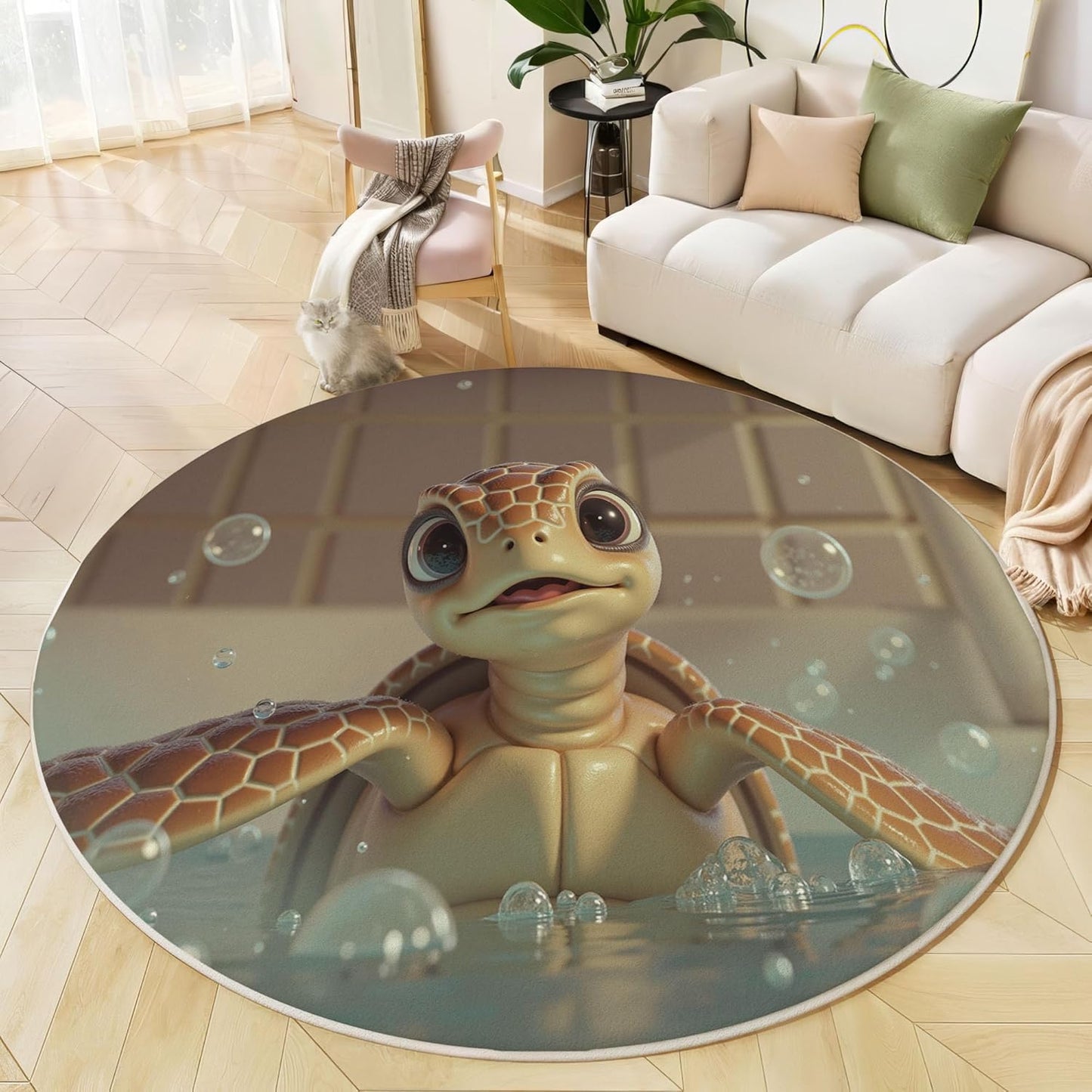 5Ft Round Washable Rug - Large Area Rug for Living Room Dining Room, Beige Soft Bedroom Carpet with Cute 3D Design Turtle Bathtub Pattern, Marine Animal Décor, Low Pile Stain Resistant