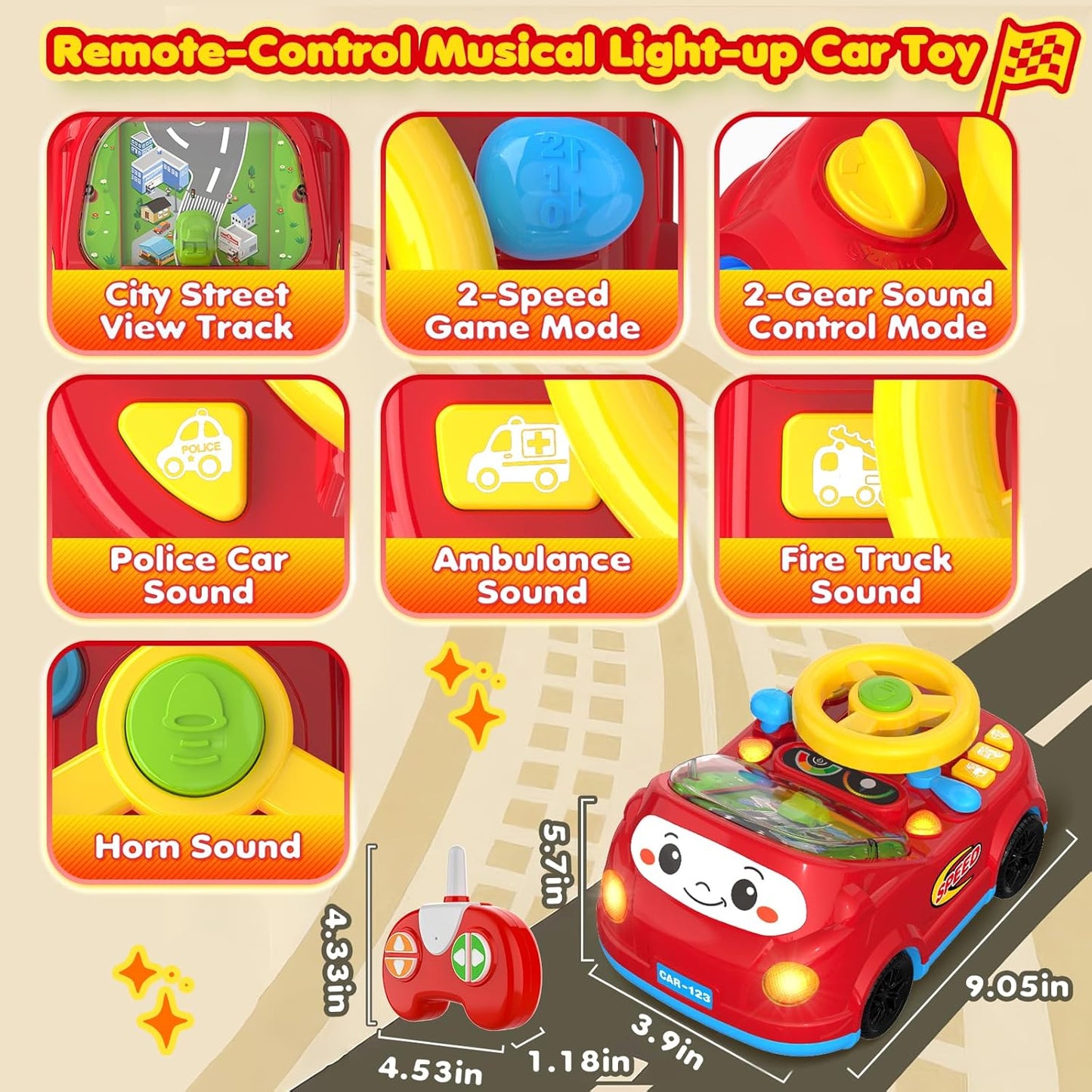 Toddler Toys For Ages 1-3 Boy - Remote Control RC Push Car Racing Adventure Steering Wheel Driving Games,Interactive Learning Educational Christmas Birthday Gift For Kids Age 1 2 3(Yellow Red)