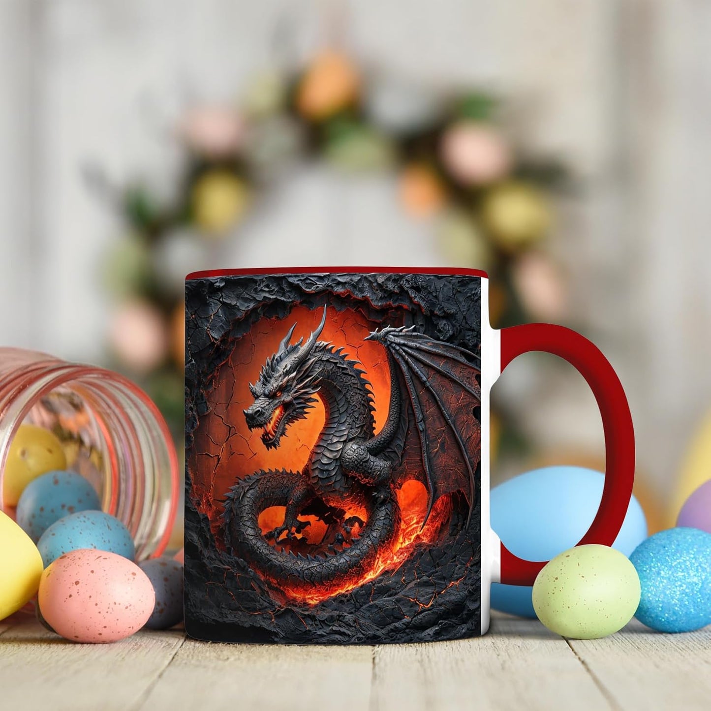 Dragon Coffee Mug, Red Handle and Interior, Fiery in Lava Cracked Design, 11oz Ceramic Cup for Fantasy Enthusiasts, Unique Gift for Men, Office, Home, Birthday, Christmas