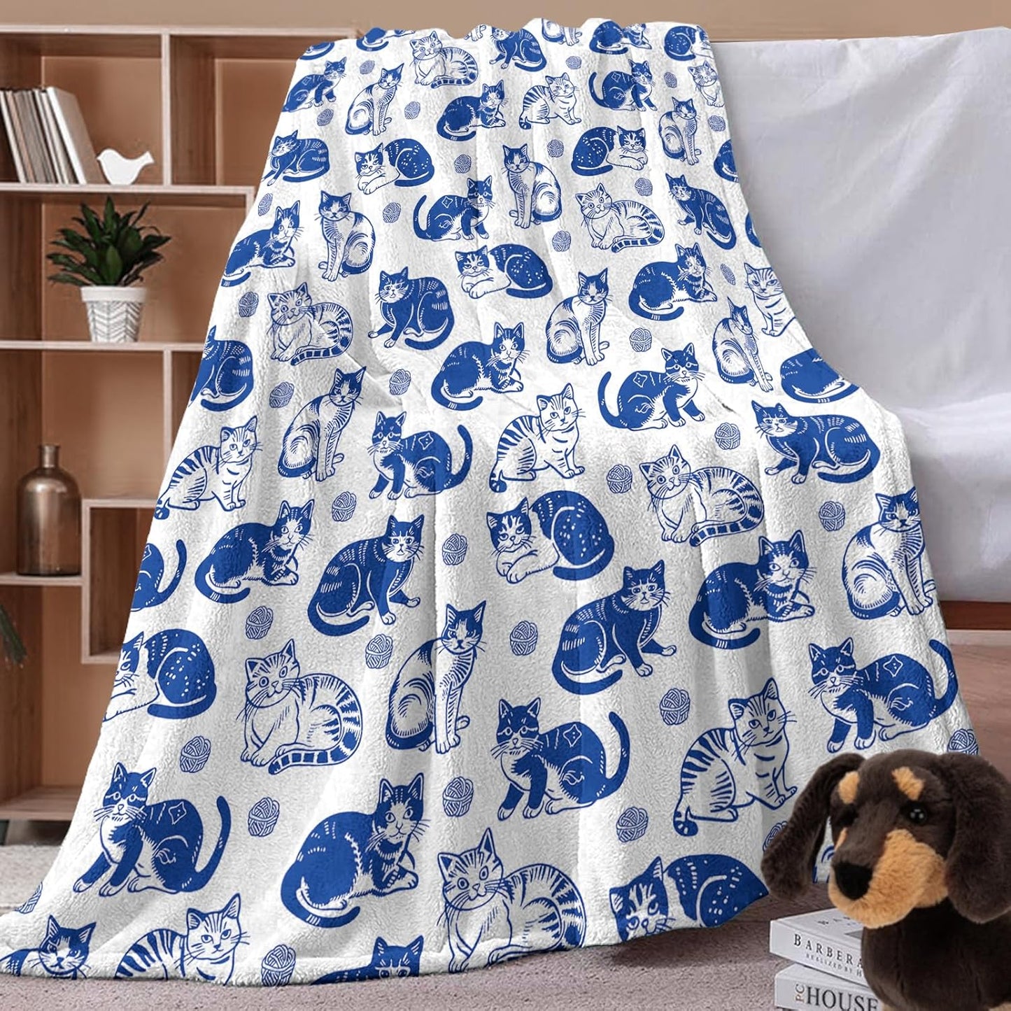 Blue White Cat Flannel Throw Blanket, Cute Yarn Ball Birthday Gifts for Kids Men Women Pet Owner Lover, Vintage Soft Blankets for Bedding Sofa 50" x 60"