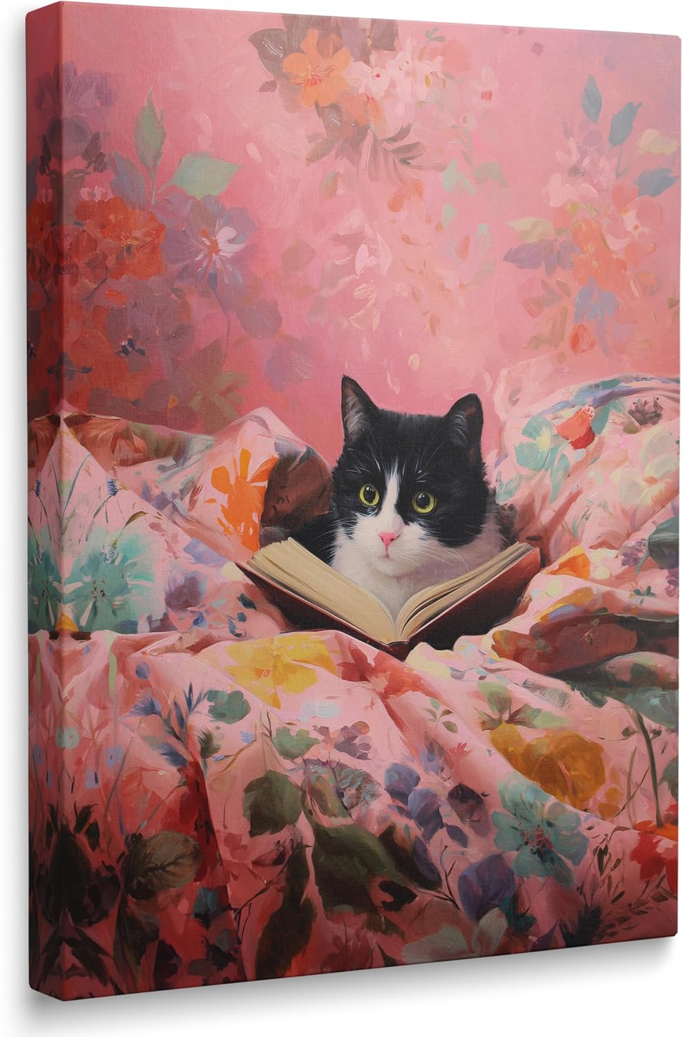 Funny Cat Reading Book with Green Eyes Canvas Wall Art Framed Whimsical Animal Painting Prints Posters Artwork for Girls Room Wall Decor Pink Aesthetic Cute Cat Lover Gift 12x16 Inches