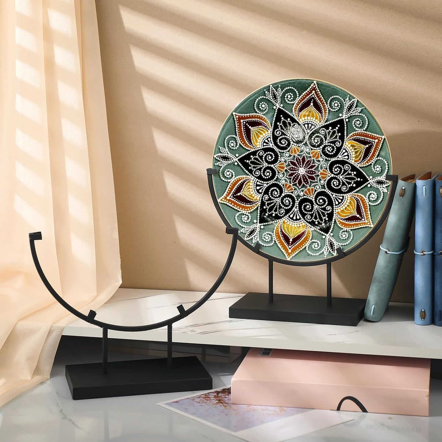 Blulu 4 PCS 10 Inch Round Metal Display Stands for Stained Glass Fused Glass Art Easel Display Stands Decorative Plate Holder for Art Panels Picture Platter Photo