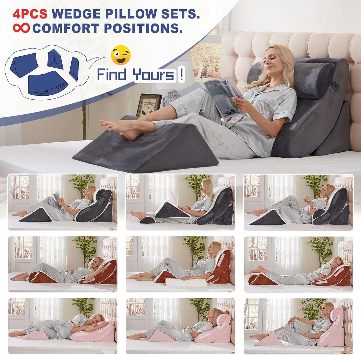4PC Orthopedic Bed Wedge & BBL Surgery Pillow Set - Memory Foam Support for Buttocks/Back/Legs, Post Surgery Sleeping System with Adjustable Angles, Contains 2 Washable Pillowcases, Gray&White Grey
