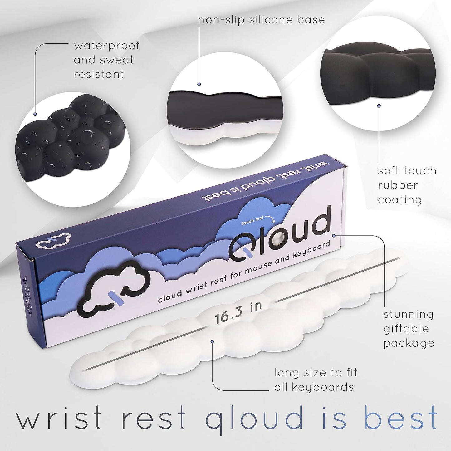 Qloud Cloud Wrist Rest Keyboard Wrist Rest for Computer Keyboard Pad, Cloud Keyboard Wrist Rest, Wrist Pad for Keyboard, Memory Foam, Non Slip Base, Comes with Mouse Pad - White