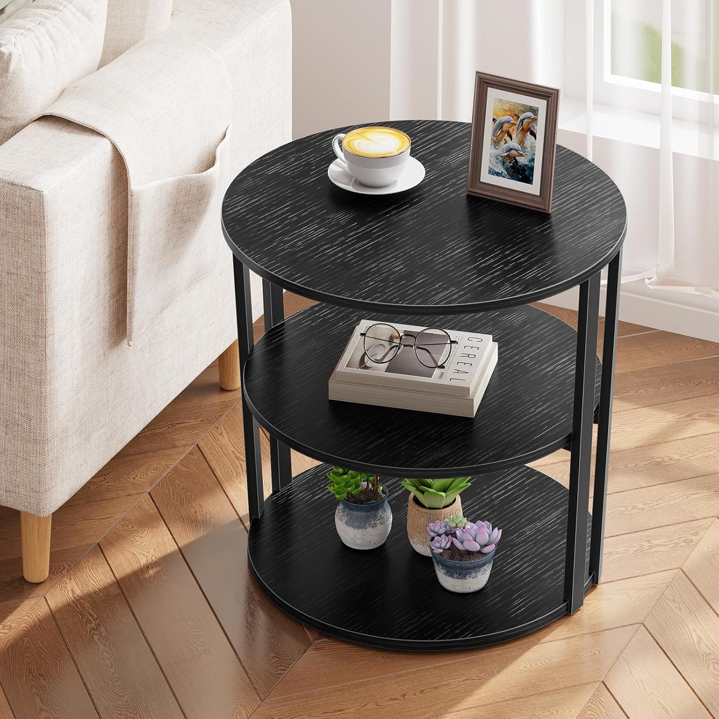 Round Side Table, 3-Tier Rotating Side Table, Big Shelf End Table Living Room with Lazy Susan, Nightstand for Small Spaces Living Room Bedroom Sofa, Pure Black