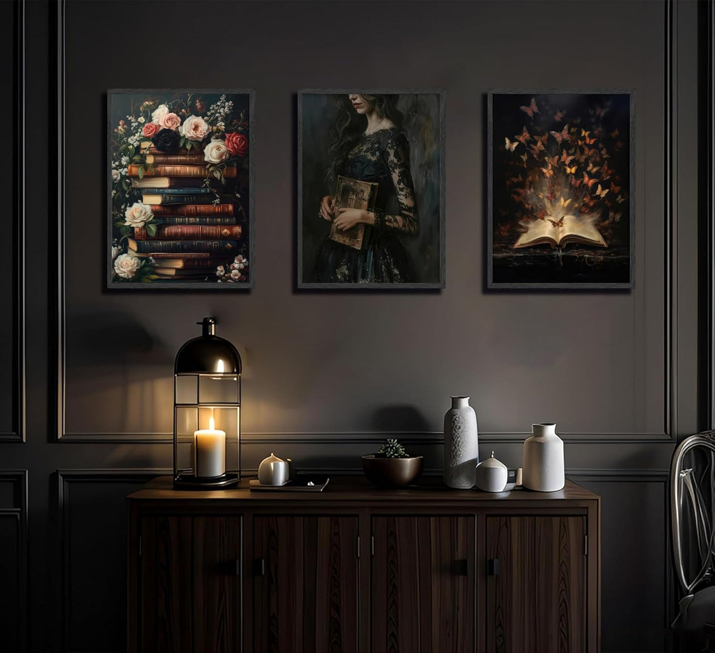 3Pcs Victorian Reading Wall Art Vintage Floral and Book Reading Posters a Mysterious Woman and Butterfly Wall Decoration a Dark Academic Aesthetic Canvas Painting Prints for Bedroom or Study Decor (Unframed)