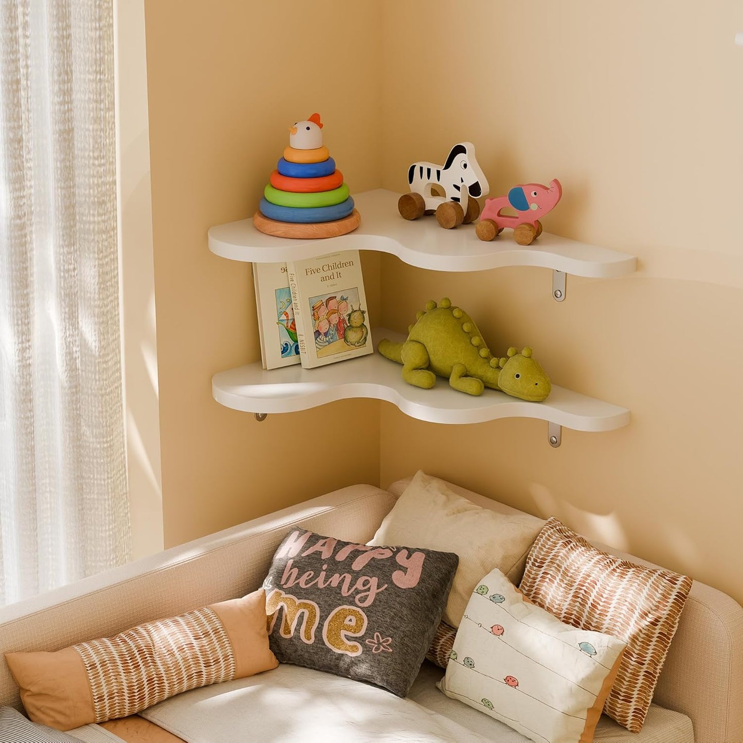 Cute Cloud Corner Shelves - Set of 2 White Wooden Floating Corner Shelves Wall Mounted, 90-Degree Space-Saving Nursery Shelves with Brackets, Kids Room Decor for Bedroom,Living Room,Bathroom