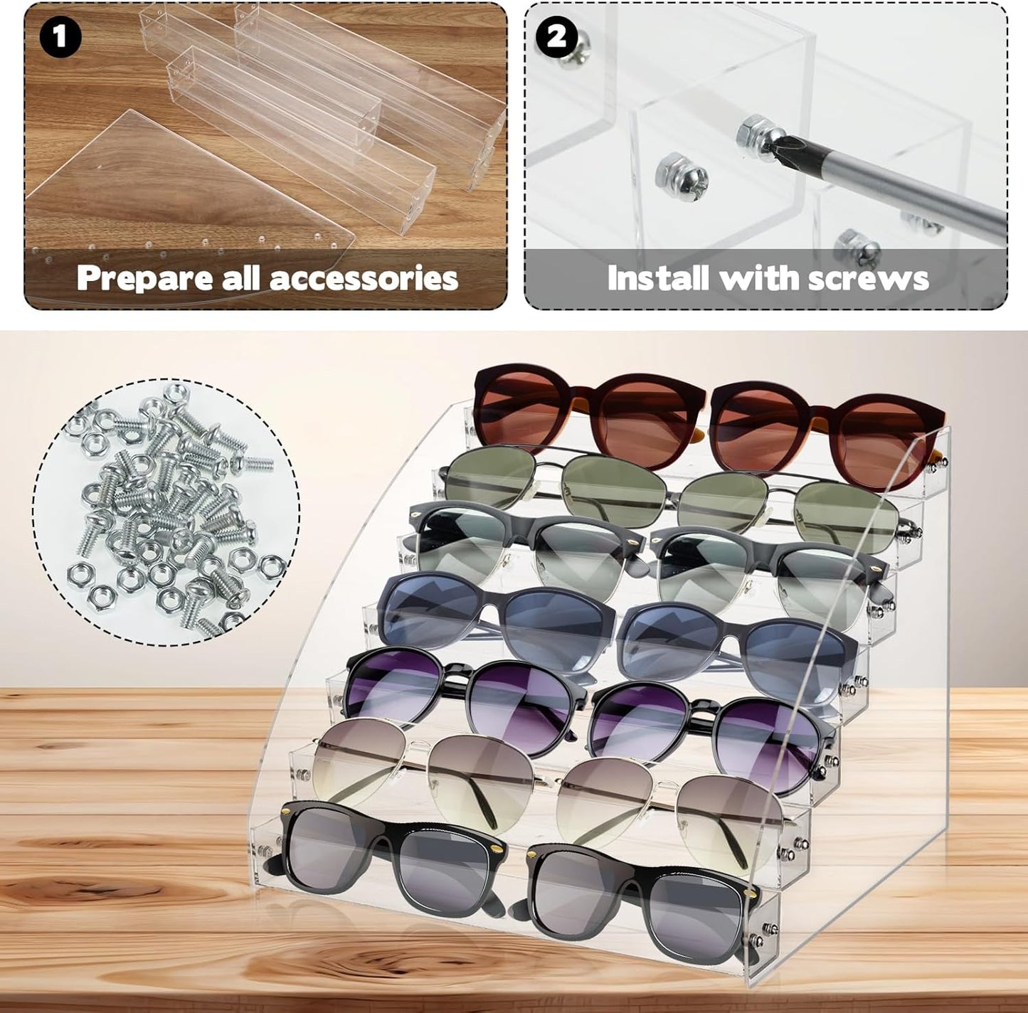 2 Pack 7 Tier Sunglass Organizer Stand, Versatile Acrylic Sunglass Holder Display Stand Sunglass Storage Tray for Highlighting Glasses Makeup Nail Polish Graded Cards