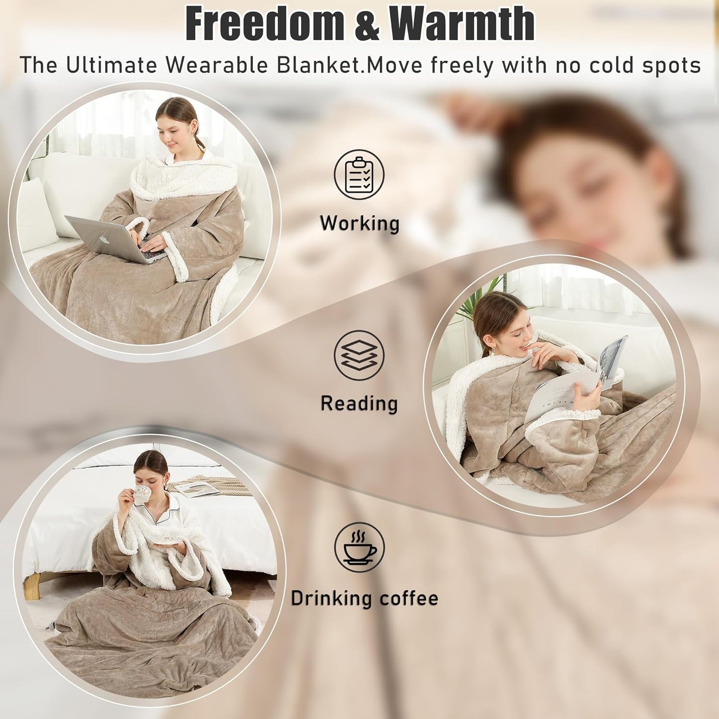 Electric Snuggle Throw Blankets with Foot Pocket, Wearable Heated Throw with Sleeves & Hood, 6 Heat Levels & 1-4H Timer, Full Body Warmth, The Perfect Warming Gift for Women & Men, Camel