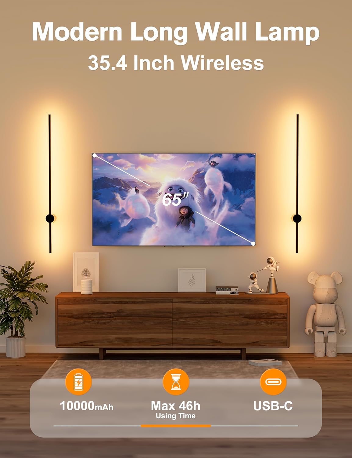 Battery Operated Wall Sconces Set of 2,10000mAh Rechargeable Wireless Sconces with Remote Control,Dimmable Wall Lamps with 7 Colors,35.4 Inch Modern Black Wall Lights for Bedroom, Living Room