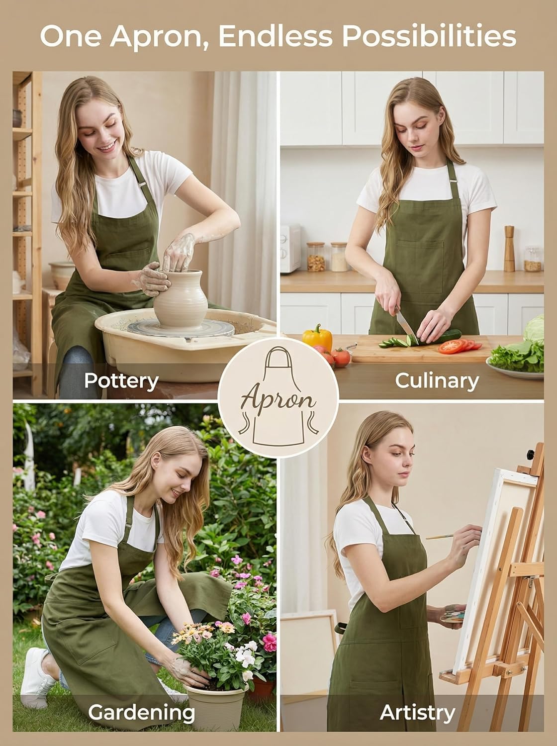 Molaxhome Split Apron with 3 Pockets,Unisex Pottery Apron with Adjustable Strap for Kitchen Ceramics