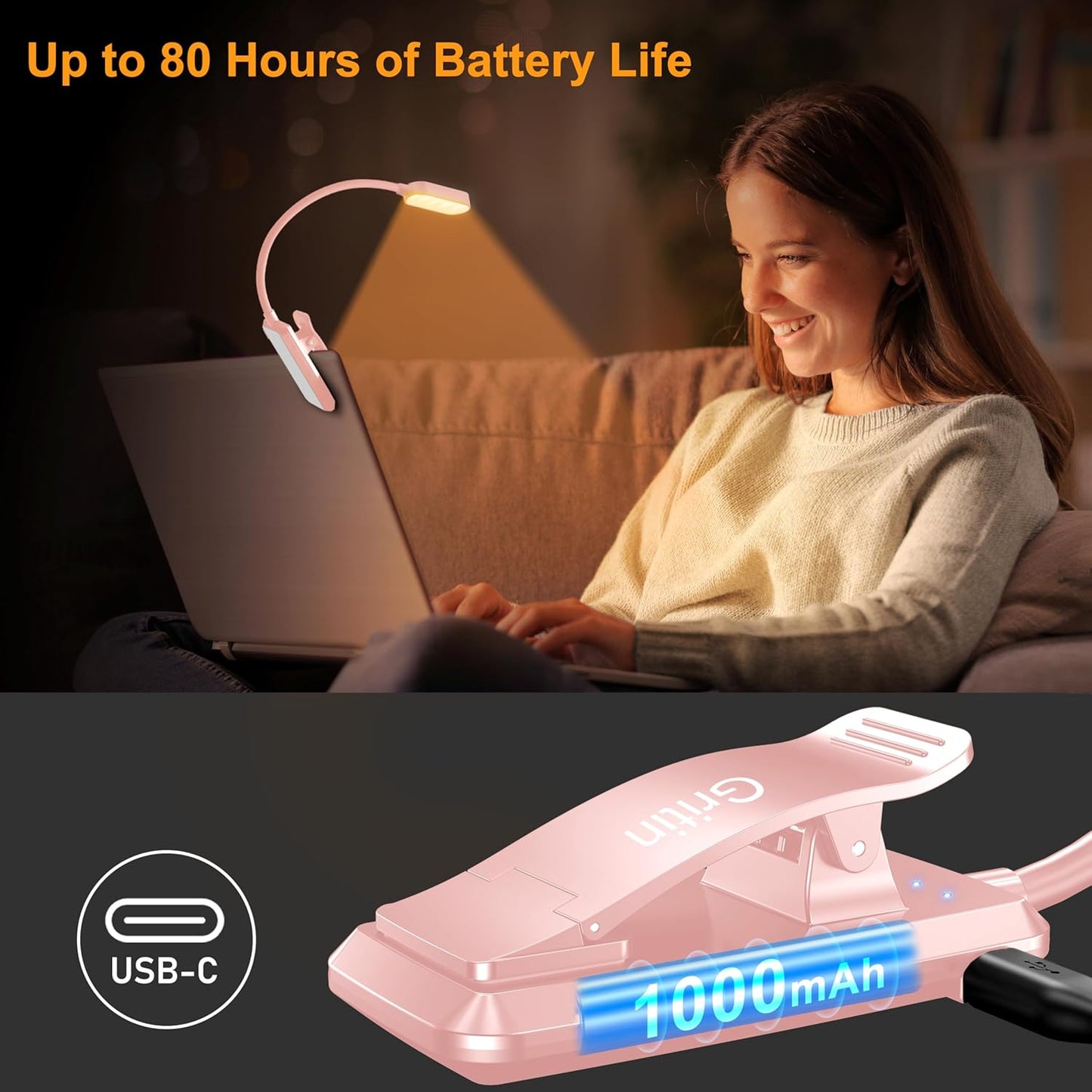 Gritin 16 LED Rechargeable Book Light for Reading in Bed- Eye Caring 3 Color Temperatures, Stepless Dimming Brightness, 80 Hrs Runtime, Lightweight Flexible Clip on Light for Book Lovers-Pink