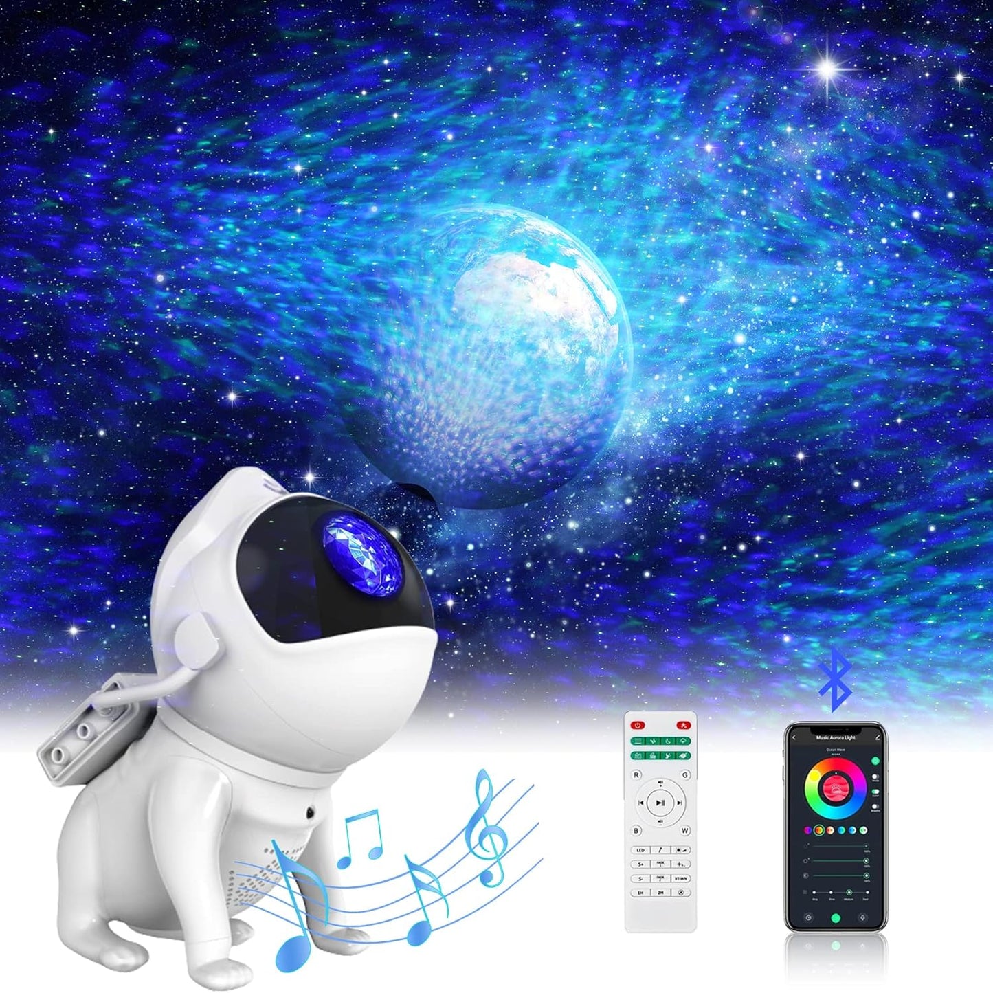 Space Dog Astronaut Star Projector - 21 Color Modes, Bluetooth Speaker, White Noise, Ocean Wave Bedroom Night Light Projector for Kids Teen Boys Teen Girls