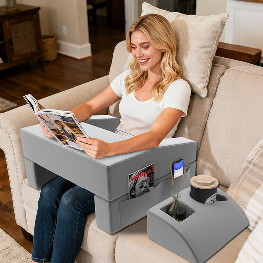 Reading Pillow for Gaming Large Lap Desk for Laptop with Back Arm Rest & Cup Holder for Adult Adjustable Gaming Pillow Memory Foam Bed Desk for Reading, Crochet, Working on Bed Floor Sofa & Couch