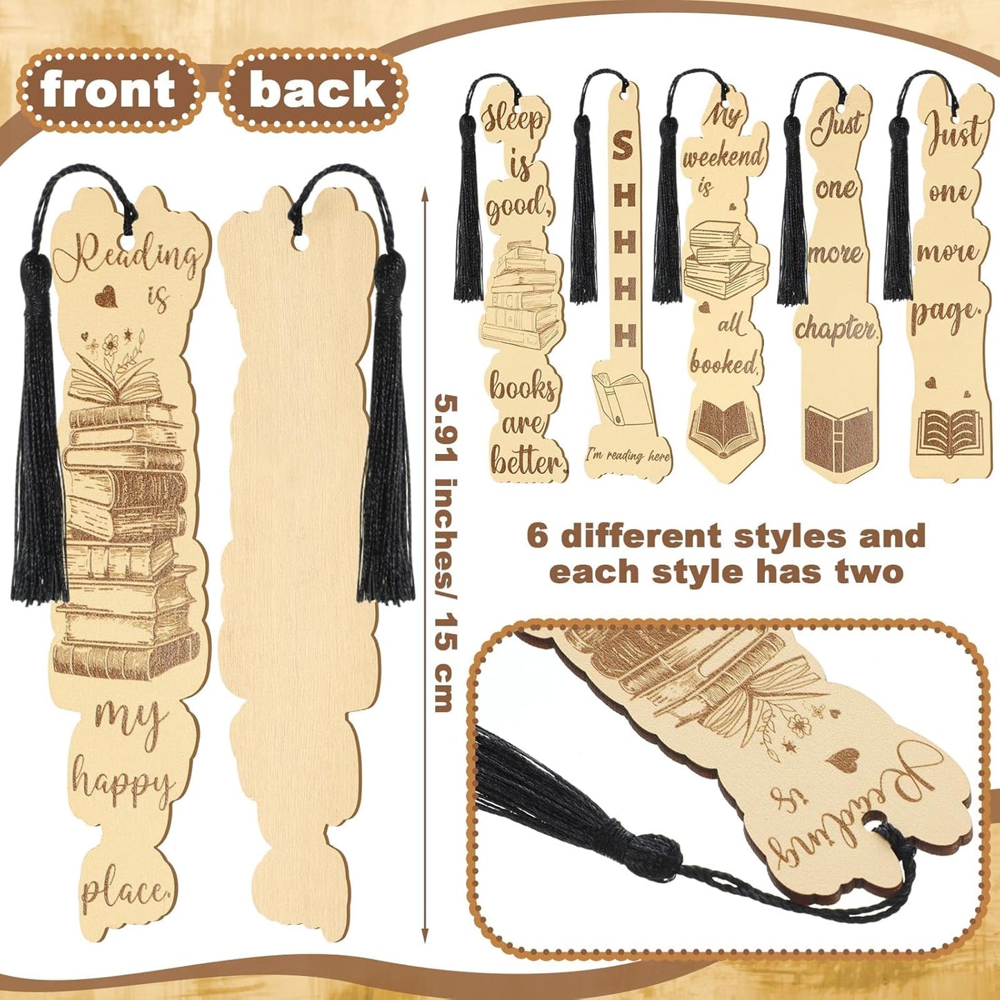 Colarr 12 Pcs Wood Bookmarks for Woman Book Club Gift for Book Worms Books Lovers Bookmarks Bulk with Tassels for Reading Party Favors Books Exchange Club Men & Women Friends(Retro)