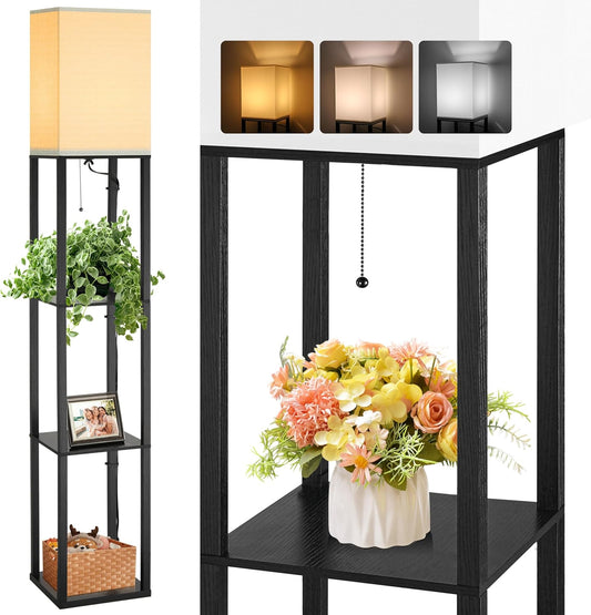 Floor Lamp with Solid Wood Shelves for Living Room, 3-Tier Shelf Standing Lamp with LED Bulb and Pull Chain Switch, Corner Display Bookshelf Lamp for Living Room and Bedroom(Black)